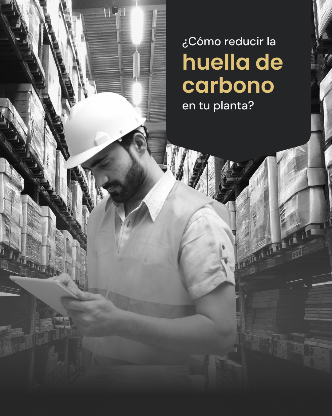 Ingeniero de infraestructura analizando datos en tablet en almacén industrial bajo la pregunta cómo reducir la huella de carbono en tu planta por K3 Industrial.
