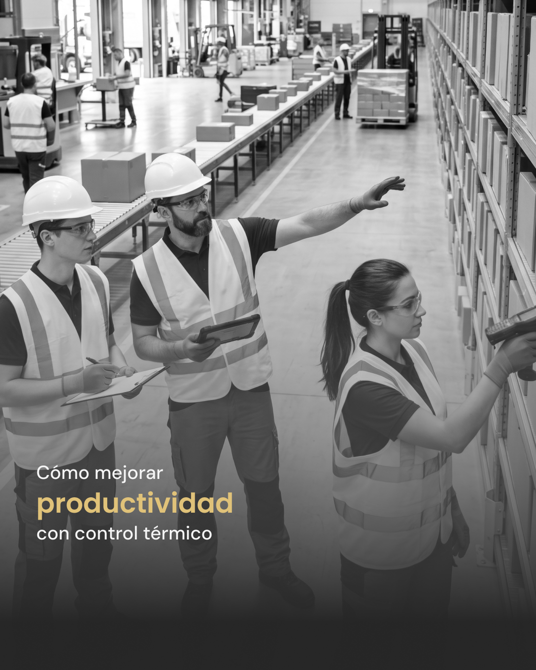 Personal operando en almacén con control térmico en naves industriales para optimizar la productividad laboral.