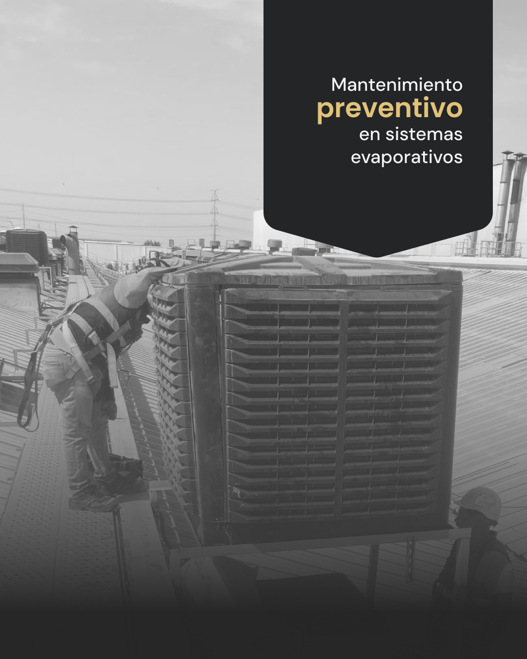 Técnico realizando mantenimiento preventivo en cubierta a un equipo de enfriamiento evaporativo industrial.
