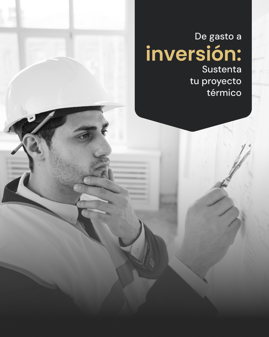 Ingeniero industrial analizando planos técnicos para sustentar un proyecto de renovación térmica ante la Dirección General de una planta.