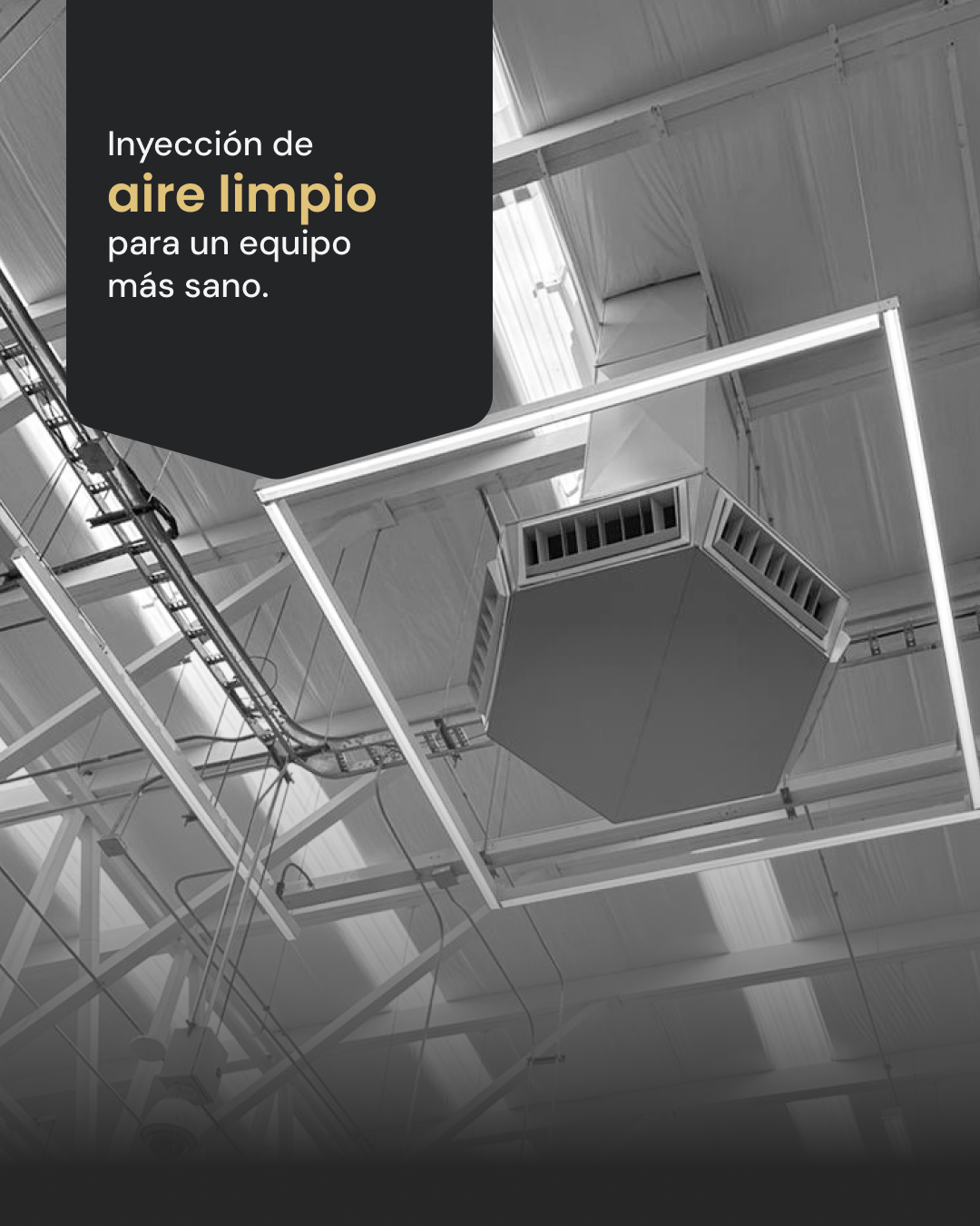 Sistema de inyección y renovación constante de aire limpio en el techo de una nave industrial para prevención de enfermedades.